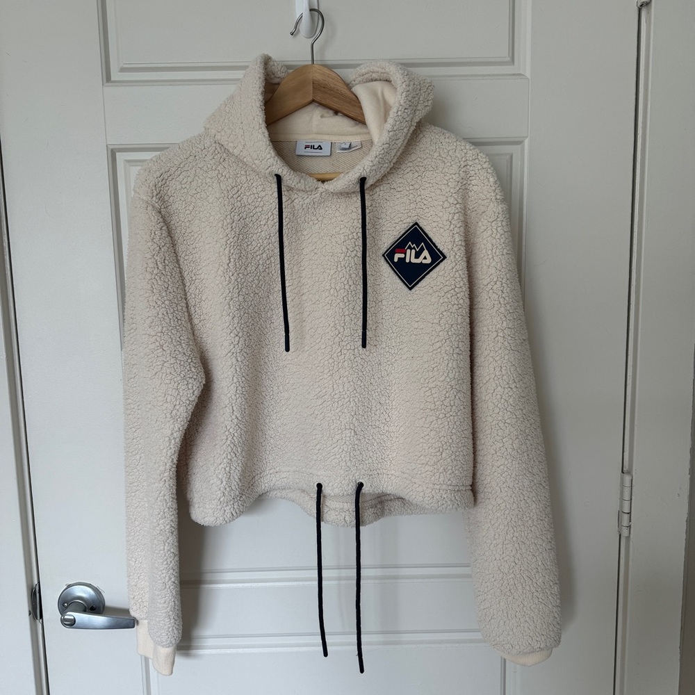 FILA MTN Adam ecru Sherpa crop hoodie fluffy cream beige size Large - Picture 2 of 6